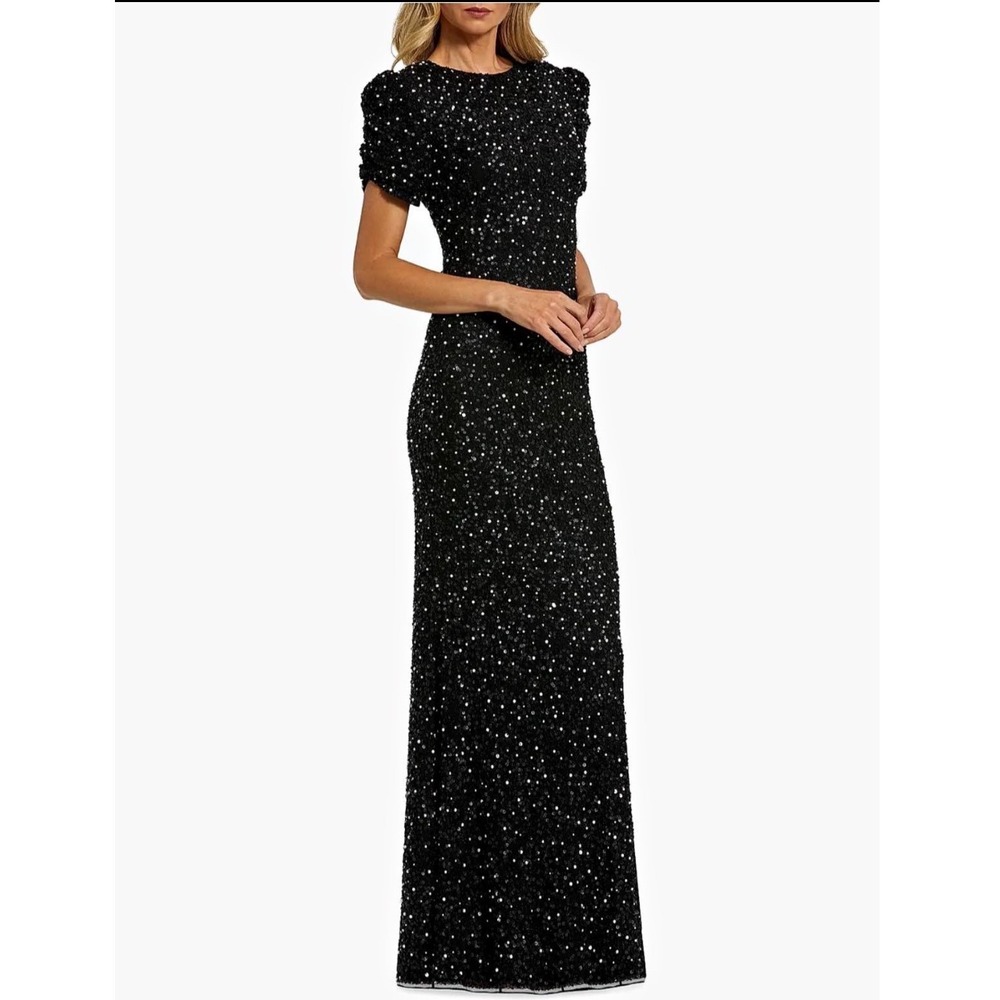 Mac Duggal Dress 14 Black Sequin Pearl Embellished Midi Sheath NWT $598